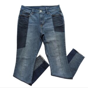 INC Patchwork Regular Fit Skinny Leg Raw Hem Distressed Denim Jeans 8 Blue